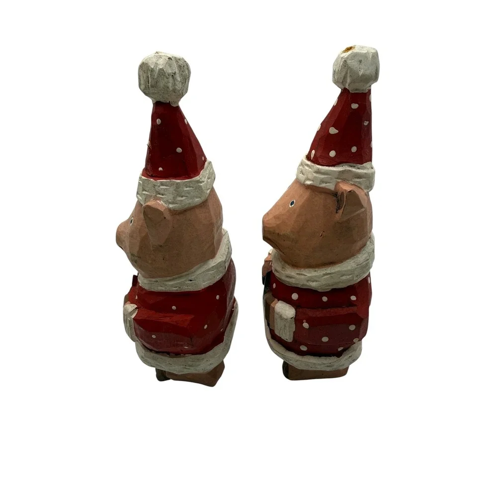 Vintage Style Hand Carved Wood Christmas Pig Figurines Santa Suit Set of 2